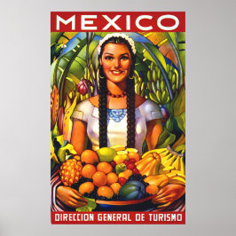 Mexico, lachende vrouw met tropische vruchten, vin poster