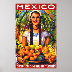Mexico, lachende vrouw met tropische vruchten, vin poster