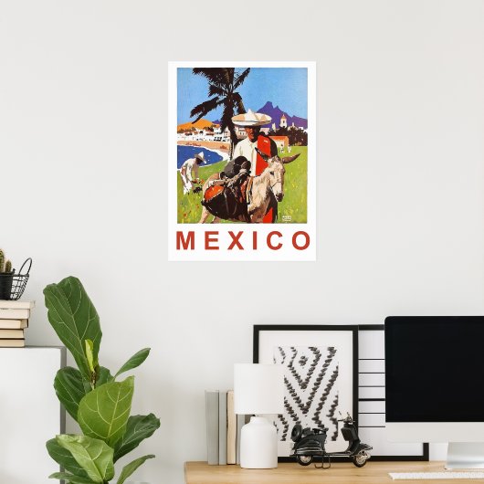 Mexico, Mexicaans man met ezel aan de kust Poster (Thuiskantoor)