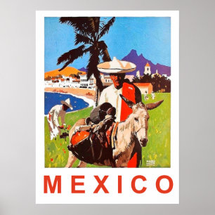 Mexico, Mexicaanse man met ezel bij de kust Poster