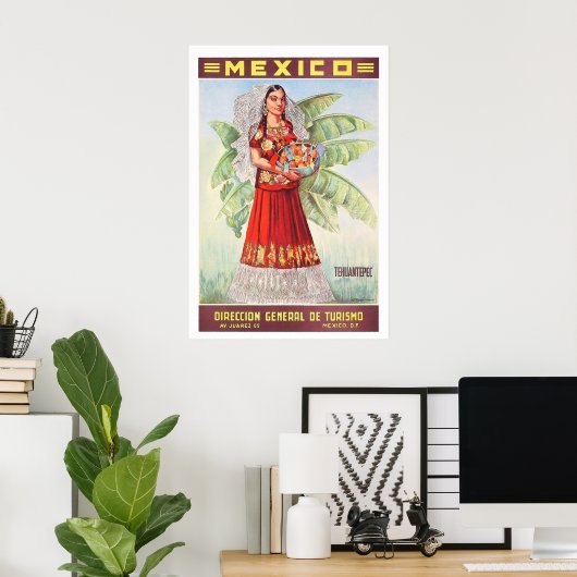 Mexico, Mexicaanse vrouw met tropische fruitmand Poster (Thuiskantoor)