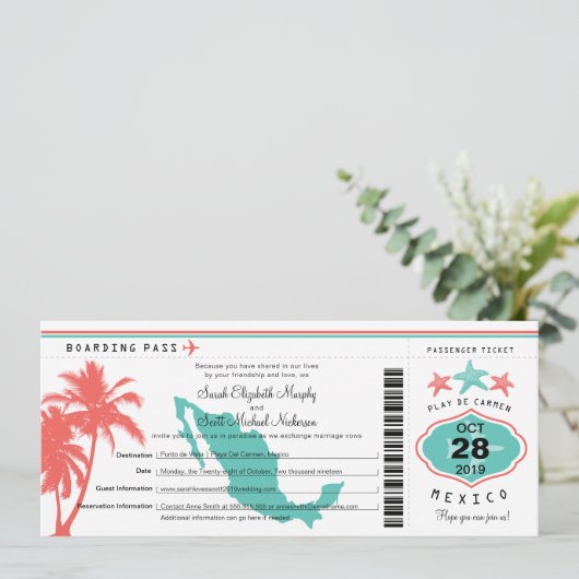 Mexico Palm Tree Starfish Boarding Pass Wedding Kaart (Staand voorkant)