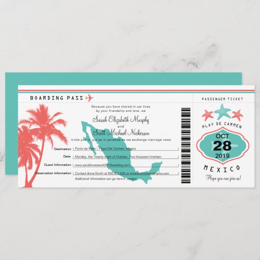 Mexico Palm Tree Starfish Boarding Pass Wedding Kaart (Voorkant / Achterkant)