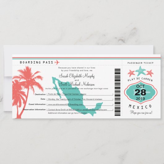 Mexico Palm Tree Starfish Boarding Pass Wedding Kaart (Voorkant)