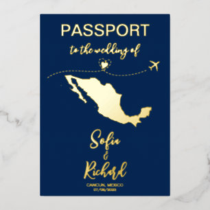 Mexico Passport Wedding Destination Gold Folie Uitnodiging
