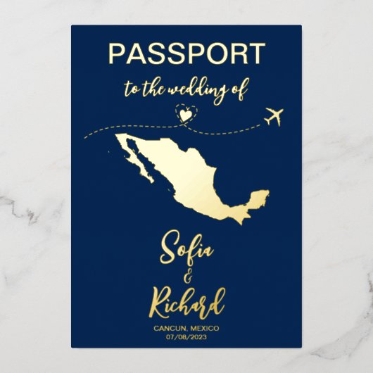 Mexico Passport Wedding Destination Gold Folie Uitnodiging (Voorkant)