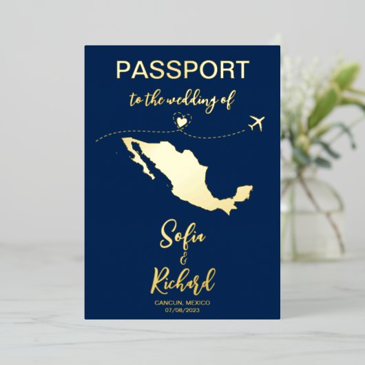 Mexico Passport Wedding Destination Gold Folie Uitnodiging (Staand Voorkant)