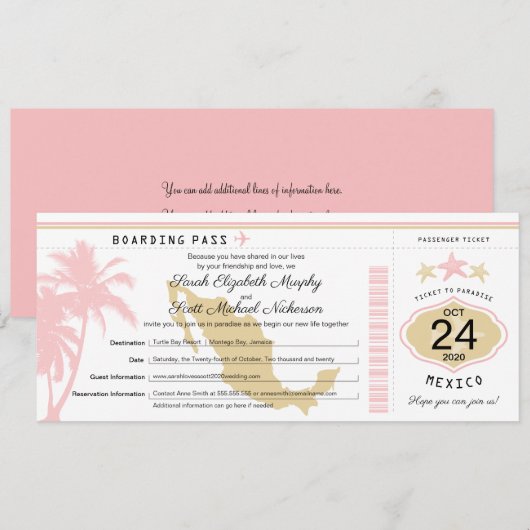 Mexico Pink Gold Boarding Pass Wedding Kaart (Voorkant / Achterkant)