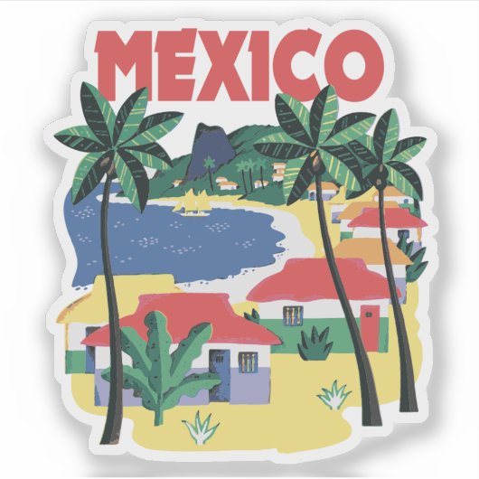 Mexico vintage reis illustratie met strand scene sticker (Voorkant)