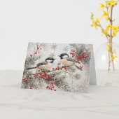 Mezen op Evergreen met rode bessen Kaart (Gele Bloem)