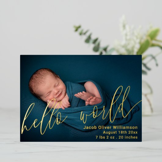 MHello World Photo Collage Gold Baby Aankondiging (Staand Voorkant)