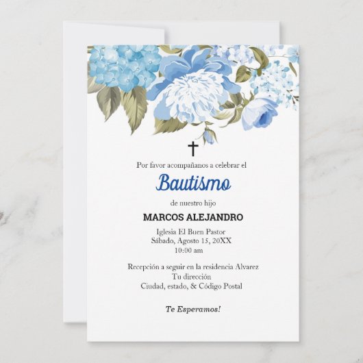Mi Bautizo Blauw Bloemen/lichtblauw Kaart (Voorkant)