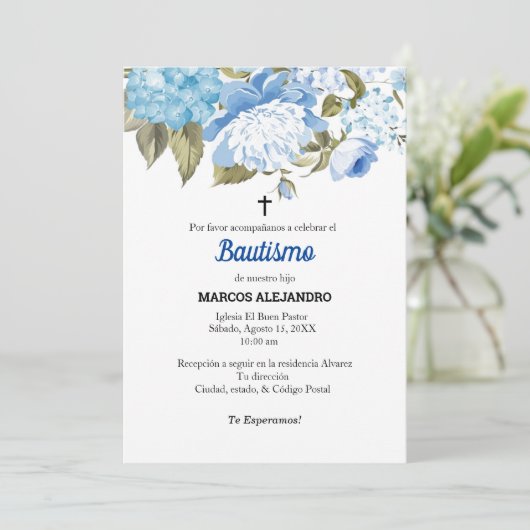 Mi Bautizo Blauw Bloemen/lichtblauw Kaart (Staand voorkant)