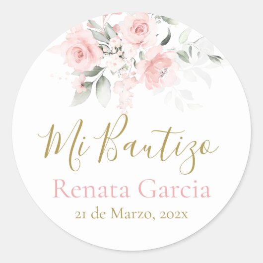 Mi Bautizo flores rosas Ronde Sticker (Voorkant)
