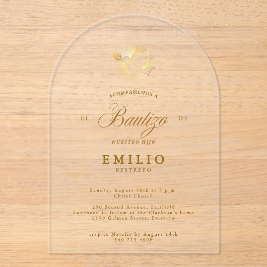Mi Bautizo Gold Dove Spaanse doop Acryl Uitnodigingen (Voorkant)