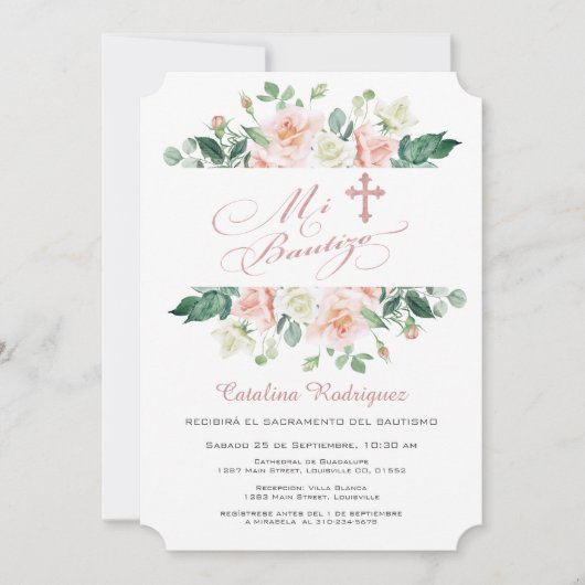 Mi Bautizo Invitacion Blush White Floral Baptisme Kaart (Voorkant)