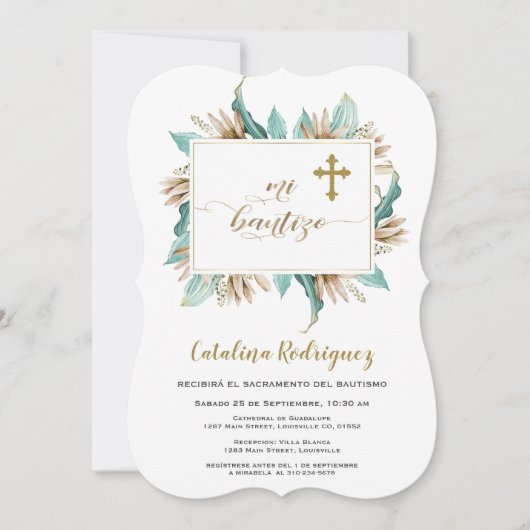 Mi Bautizo Invitacion Ivory Mint Floral Baptisme Kaart (Voorkant)