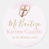 Mi Bautizo met kruisbeeld roze Ronde Sticker (Voorkant)
