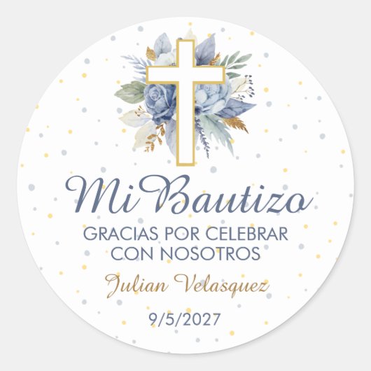 Mi Bautizo Niño Azul Flores Cruz doopkruis Ronde Sticker (Voorkant)