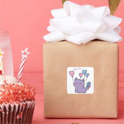 Mi-Mi kitten and hearts, aangepast Vierkante Sticker (Feest)