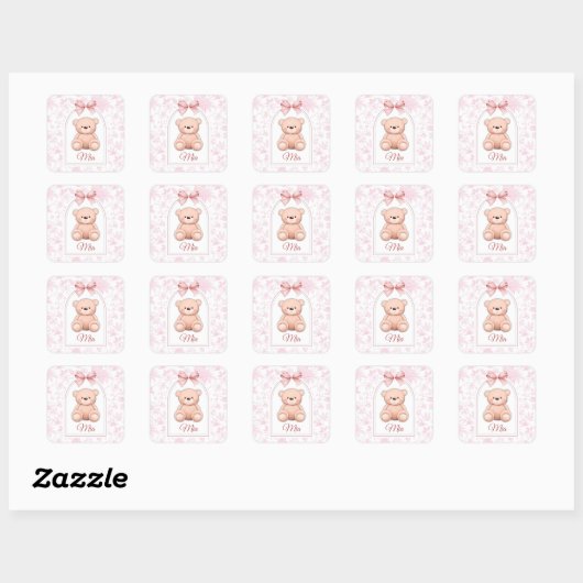 Mia | Aangepaste Roze Teddybeer Nursery Design Vierkante Sticker (Vel)