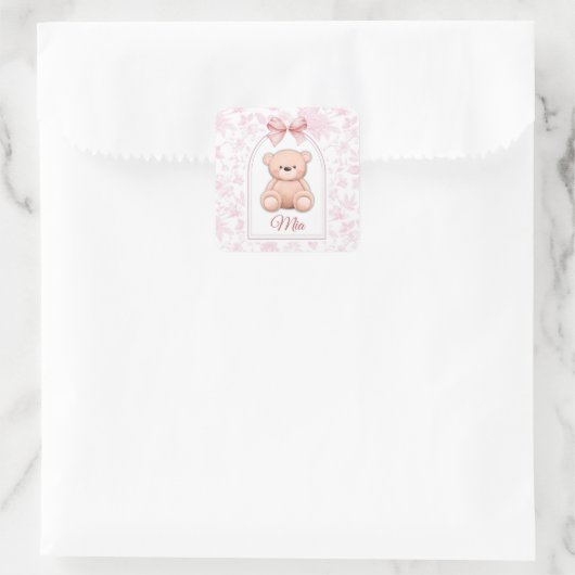 Mia | Aangepaste Roze Teddybeer Nursery Design Vierkante Sticker (Tas)