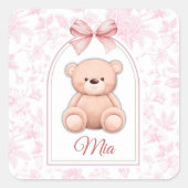 Mia | Aangepaste Roze Teddybeer Nursery Design Vierkante Sticker (Voorkant)