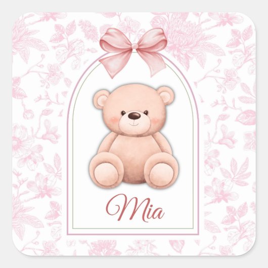 Mia | Aangepaste Roze Teddybeer Nursery Design Vierkante Sticker (Voorkant)