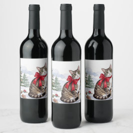 Mia de Festieve Kat met Kerstversiering Wijn Etiket