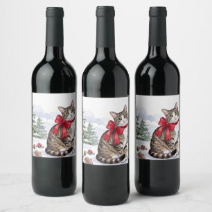Mia de Festieve Kat met Kerstversiering Wijn Etiket