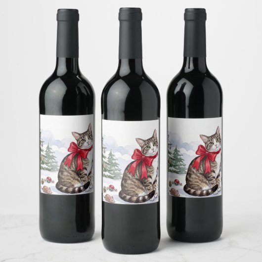 Mia de Festieve Kat met Kerstversiering Wijn Etiket (Flessen)