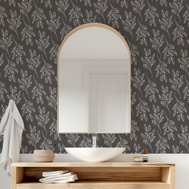 MIA Zwart Bloempatroon Botanische Donkere Bloemen Behang (MIA Black Flower Pattern Botanical Dark Floral Wallpaper)