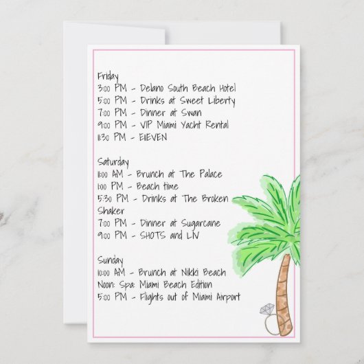 Miami Bachelorette Party Weekendprogramma Kaart (Achterkant)