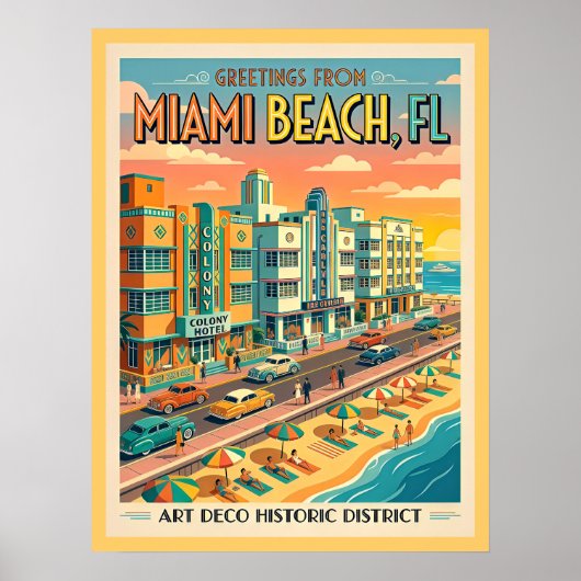 Miami Beach Art Deco District Vintage Stijl Poster (Voorkant)