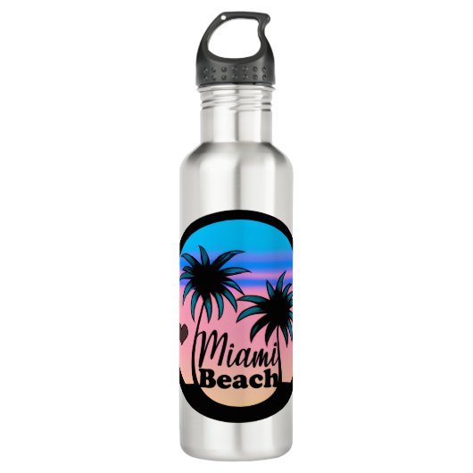 Miami Beach Blue en Pink Palm Trees Waterfles (Voorkant)