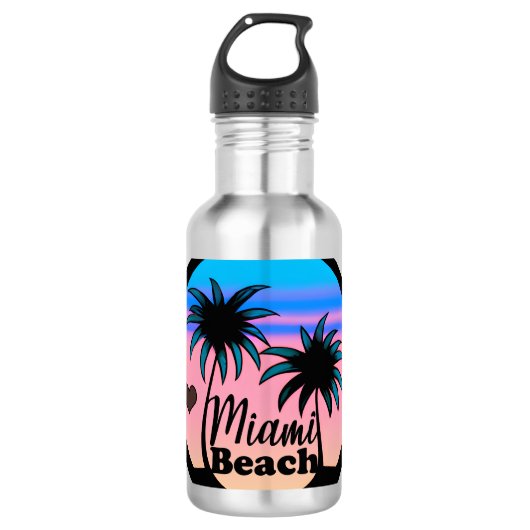 Miami Beach Blue en Pink Palm Trees Waterfles (Voorkant)