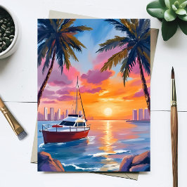 Miami Beach Boat Bay Zonsondergang Aquarel Schilde Briefkaart