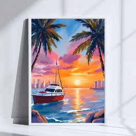 Miami Beach Boat Bay Zonsondergang Aquarel Schilde Poster