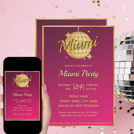 Miami Beach Disco Ball Party Event Uitnodiging