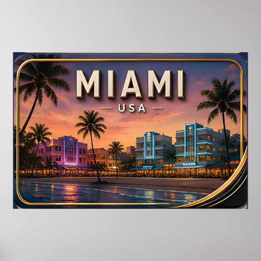 Miami Beach en Ocean Drive Zonsondergang Poster (Voorkant)