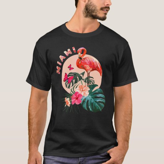 Miami Beach Florida Flamingo Sunset Flowers Miami T-shirt (Voorkant)