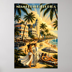 Miami Beach, Florida Retro Art Deco Kleur Toerisme Poster