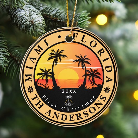 Miami Beach Florida Retro Sunset Palm Tree 80s Keramisch Ornament
