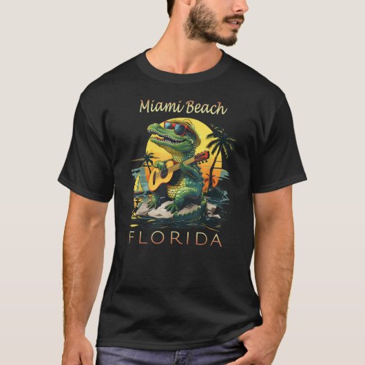 Miami Beach Florida Vacation Cute Alligator Sunset T-shirt (Voorkant)