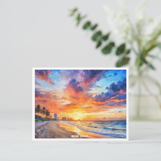 Miami Beach, Florida zonsondergang waterverf schil Briefkaart (Staand voorkant)