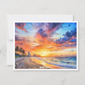 Miami Beach, Florida zonsondergang waterverf schil Briefkaart