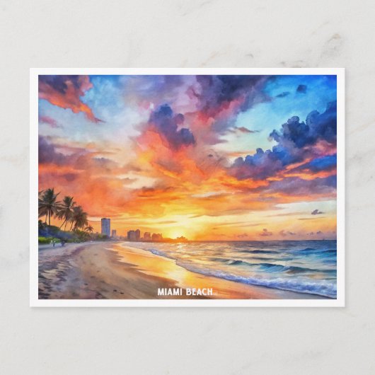 Miami Beach, Florida zonsondergang waterverf schil Briefkaart (Voorkant)