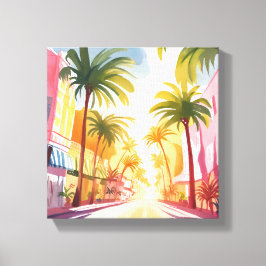 Miami Beach | Helder Kleurrijk Aquarel Schilderij Canvas Afdruk