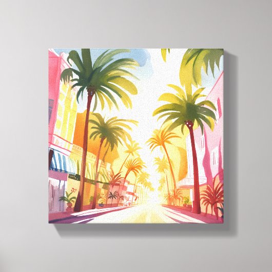 Miami Beach | Helder Kleurrijk Aquarel Schilderij Canvas Afdruk (Voorkant)