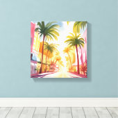 Miami Beach | Helder Kleurrijk Aquarel Schilderij Canvas Afdruk (Insitu (Houten vloer))